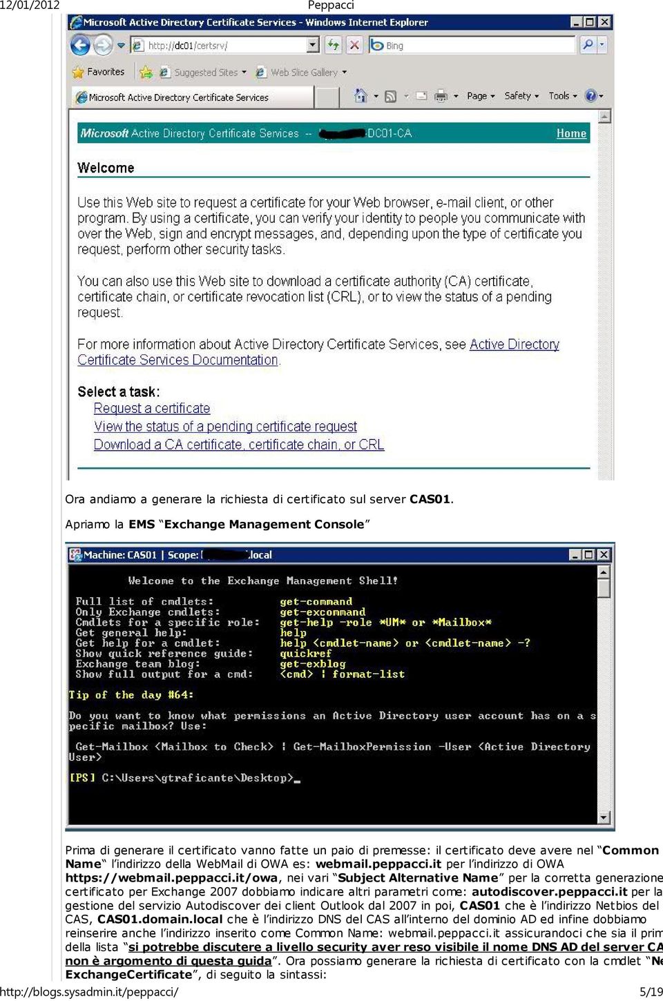 peppacci.it per l indirizzo di OWA https://webmail.peppacci.it/owa, nei vari Subject Alternative Name per la corretta generazione di un certificato per Exchange 2007 dobbiamo indicare altri parametri come: autodiscover.