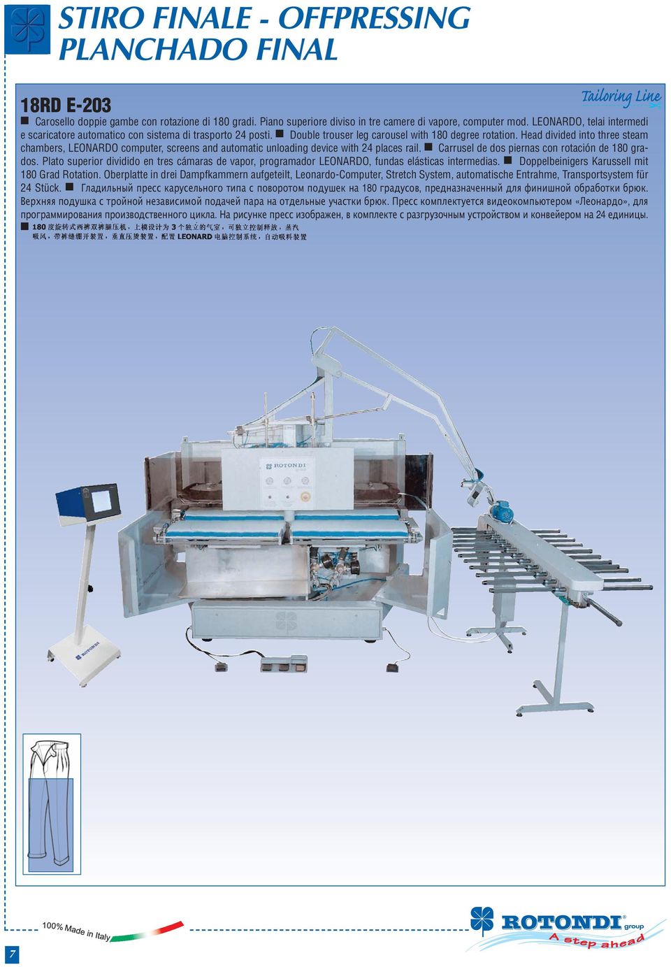 Head divided ito three steam chambers, LEONARDO computer, screes ad automatic uloadig device with 24 places rail. Carrusel de dos pieras co rotació de 180 grados.