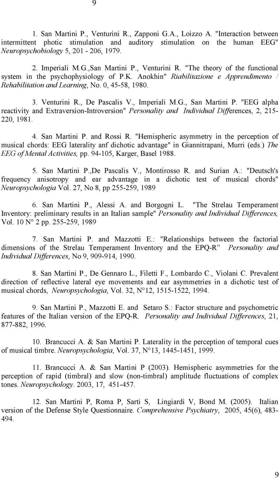 Venturini R., De Pascalis V., Imperiali M.G., San Martini P. "EEG alpha reactivity and Extraversion-Introversion" Personality and Individual Differences, 2, 215-220, 1981. 4. San Martini P. and Rossi R.