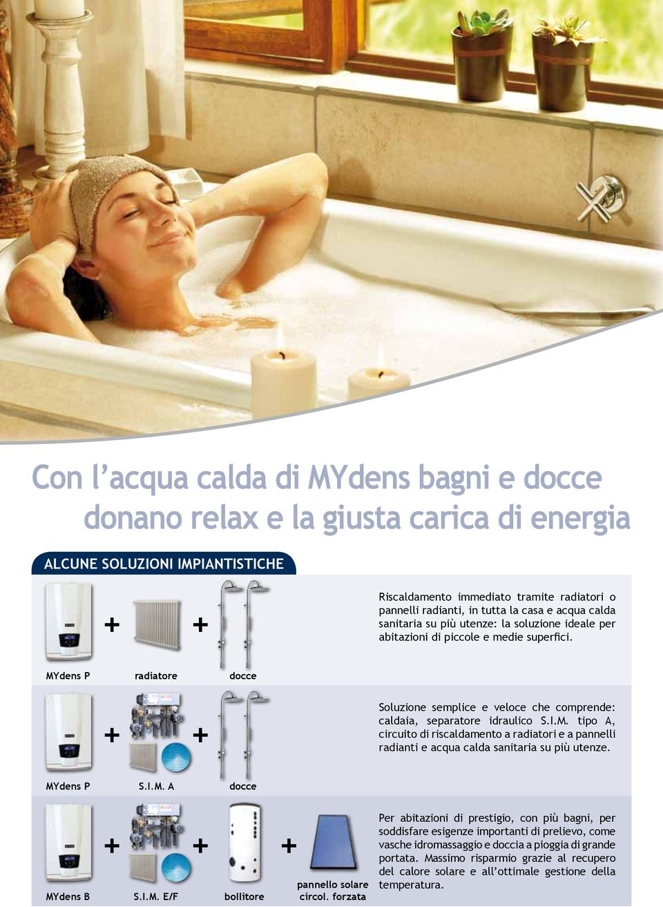 MYdens P radiatore docce + + Soluzione semplice e veloce che comprende: caldaia, separatore idraulico S.I.M. tipo A, circuito di riscaldamento a radiatori e a pannelli radianti e acqua calda sanitaria su più utenze.