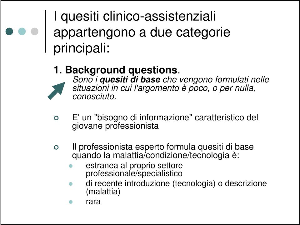 E' un "bisogno di informazione" caratteristico del giovane professionista Il professionista esperto formula quesiti di base