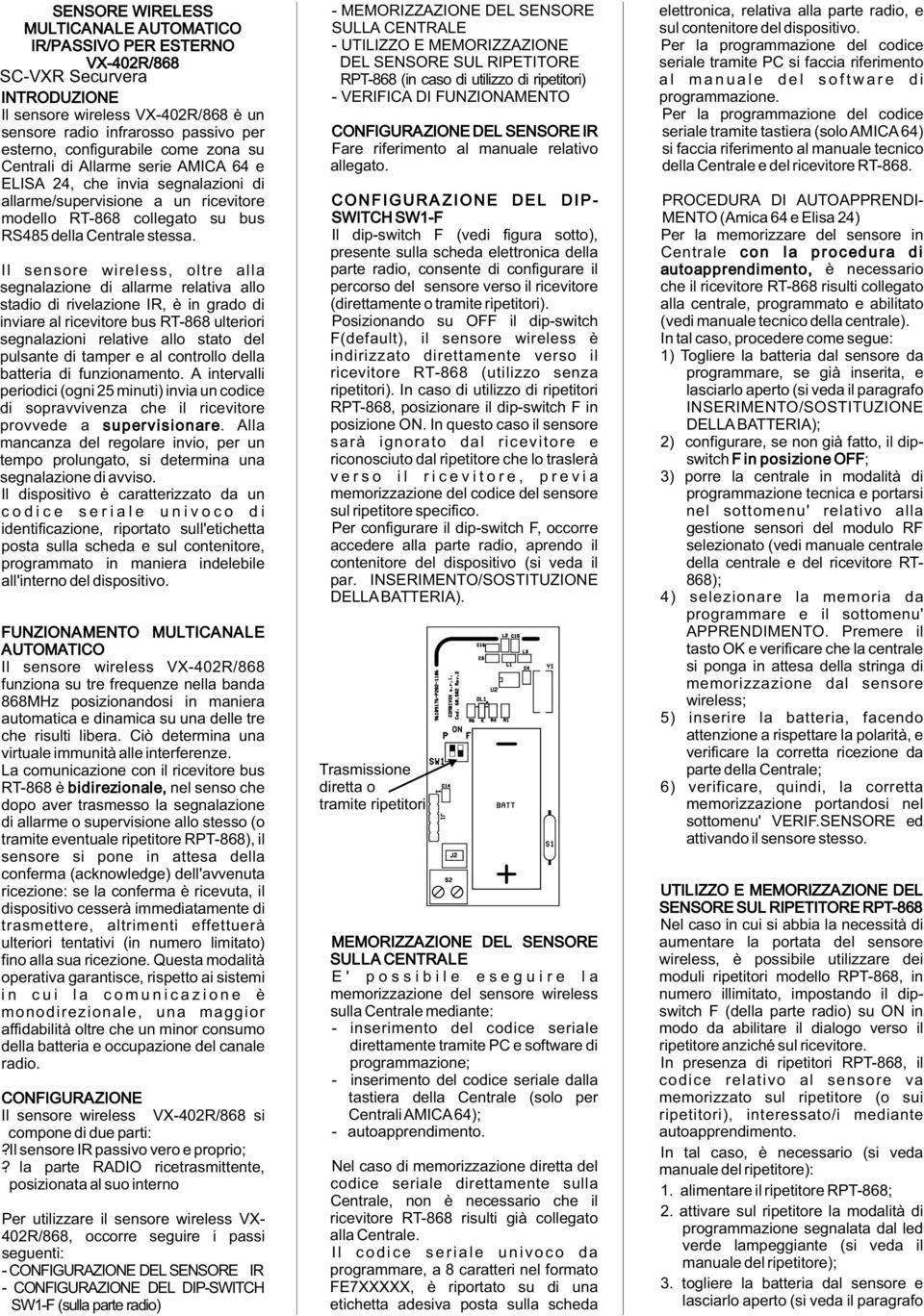 Il sensore wirele ss, oltre alla segnalazione di allarme relativa allo stadio di rivelazione IR, è in grado di inviare al ricevitore bus RT-868 ulteriori segnalazioni relative allo stato del pulsante