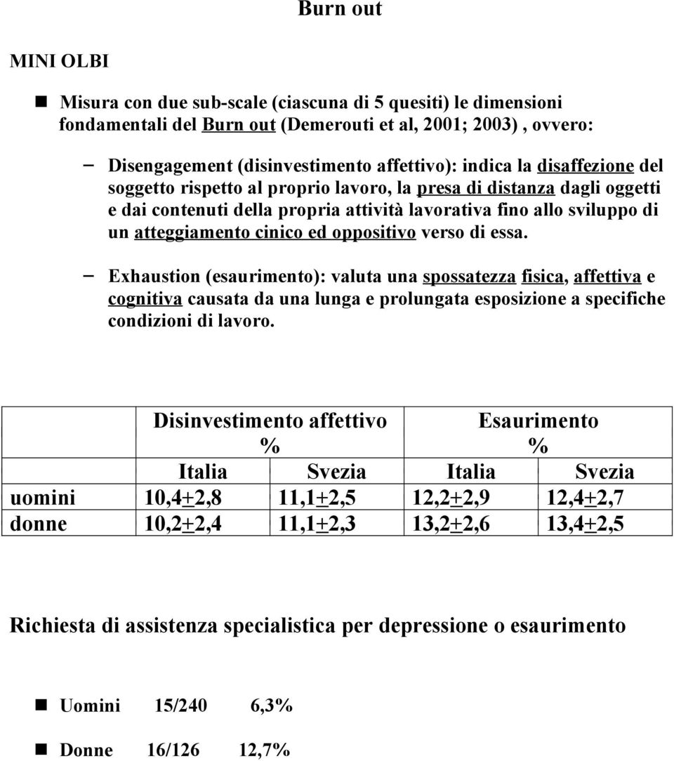 verso di essa. Exhaustion (esaurimento): valuta una spossatezza fisica, affettiva e cognitiva causata da una lunga e prolungata esposizione a specifiche condizioni di lavoro.