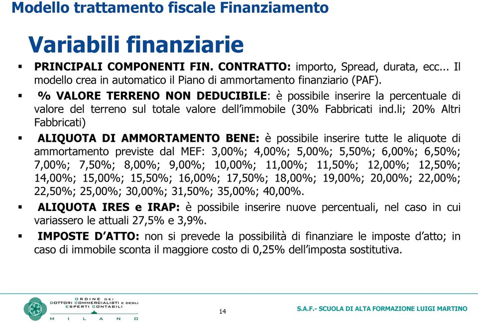 % VALORE TERRENO NON DEDUCIBILE: è possibile inserire la percentuale di valore del terreno sul totale valore dell immobile (30% Fabbricati ind.