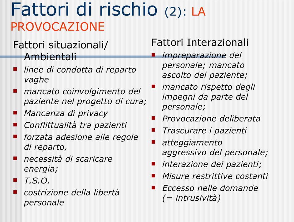 costrizione della libertà personale Fattori Interazionali impreparazione del personale; mancato ascolto del paziente; mancato rispetto degli impegni da parte