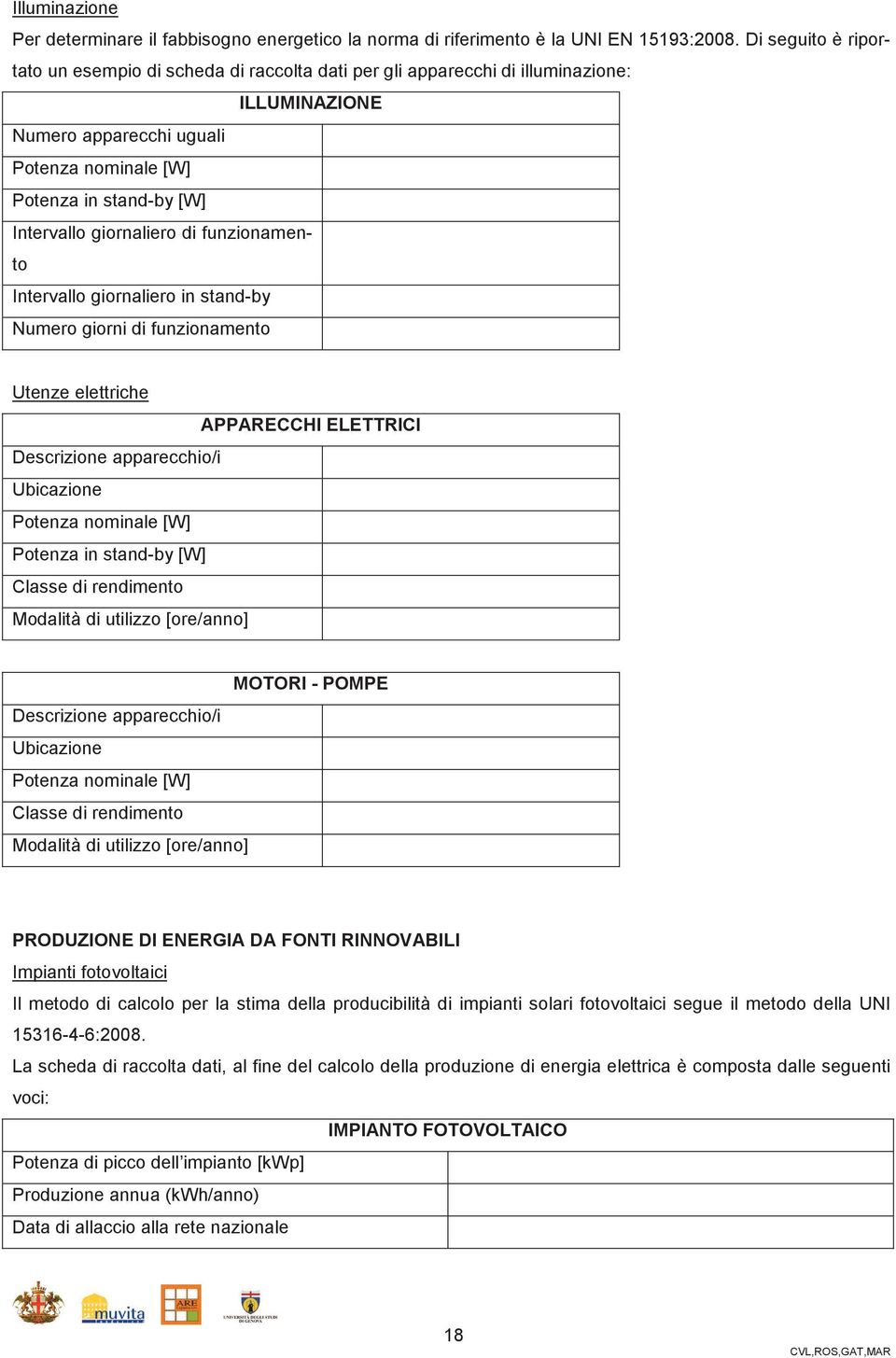 giornaliero di funzionamento Intervallo giornaliero in stand-by Numero giorni di funzionamento Utenze elettriche APPARECCHI ELETTRICI Descrizione apparecchio/i Ubicazione Potenza nominale [W] Potenza