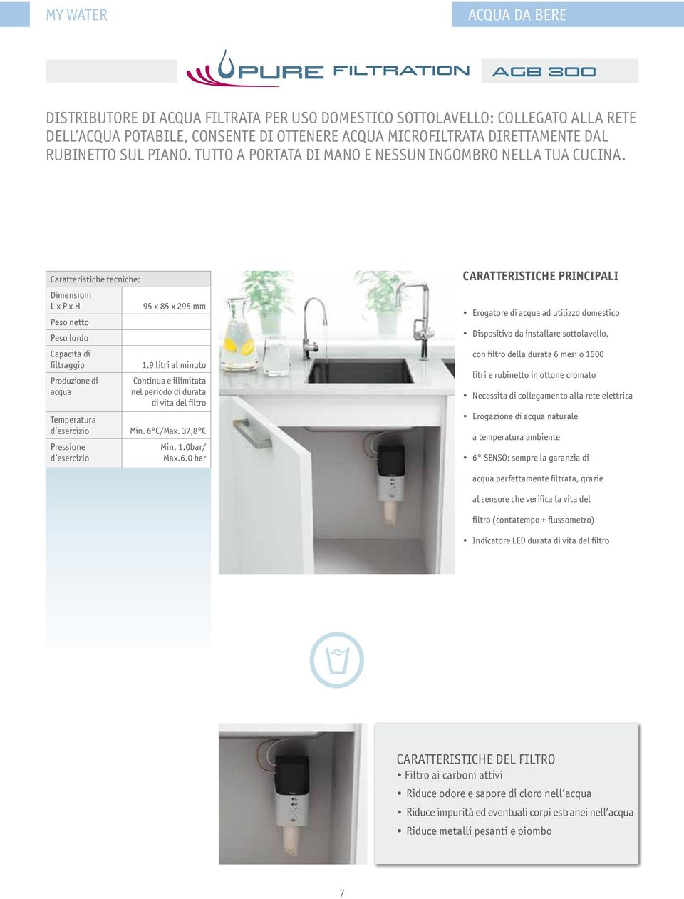 Caratteristiche tecniche: Dimensioni L x P x H 95 x 85 x 295 mm Peso netto Peso lordo Capacità di filtraggio 1,9 litri al minuto Produzione di acqua Temperatura d esercizio Pressione d esercizio