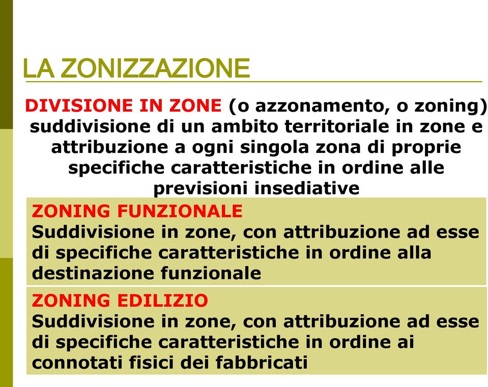 Suddivisione in zone, con attribuzione ad esse di specifiche caratteristiche in ordine alla destinazione funzionale ZONING