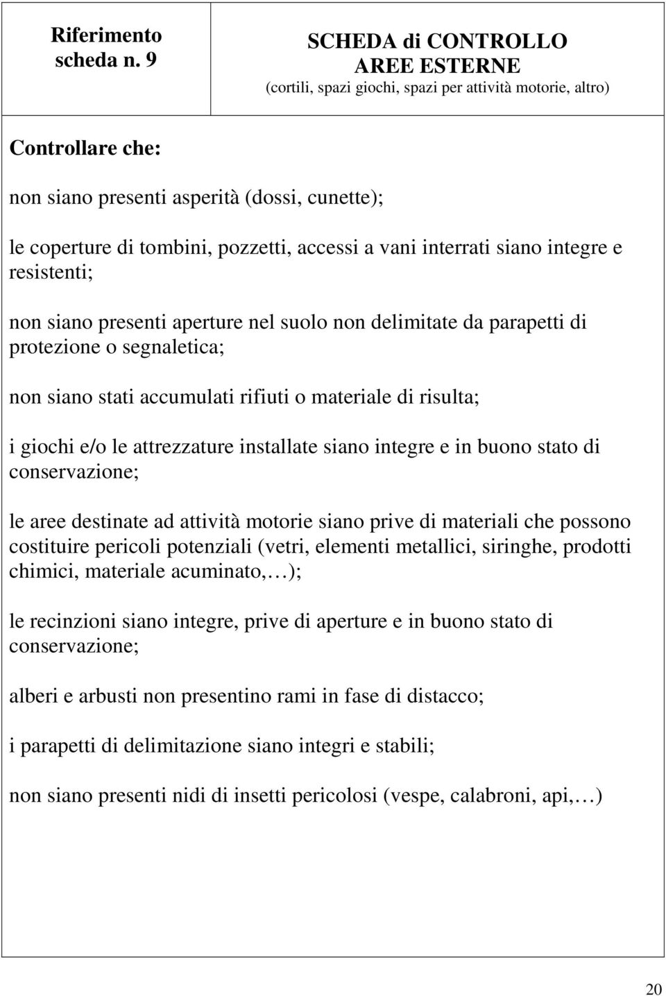 a vani interrati siano integre e resistenti; non siano presenti aperture nel suolo non delimitate da parapetti di protezione o segnaletica; non siano stati accumulati rifiuti o materiale di risulta;