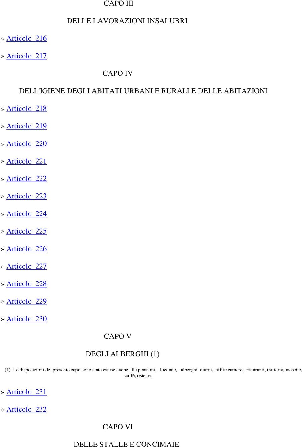 Articolo 228» Articolo 229» Articolo 230 CAPO V DEGLI ALBERGHI (1) (1) Le disposizioni del presente capo sono state estese anche alle