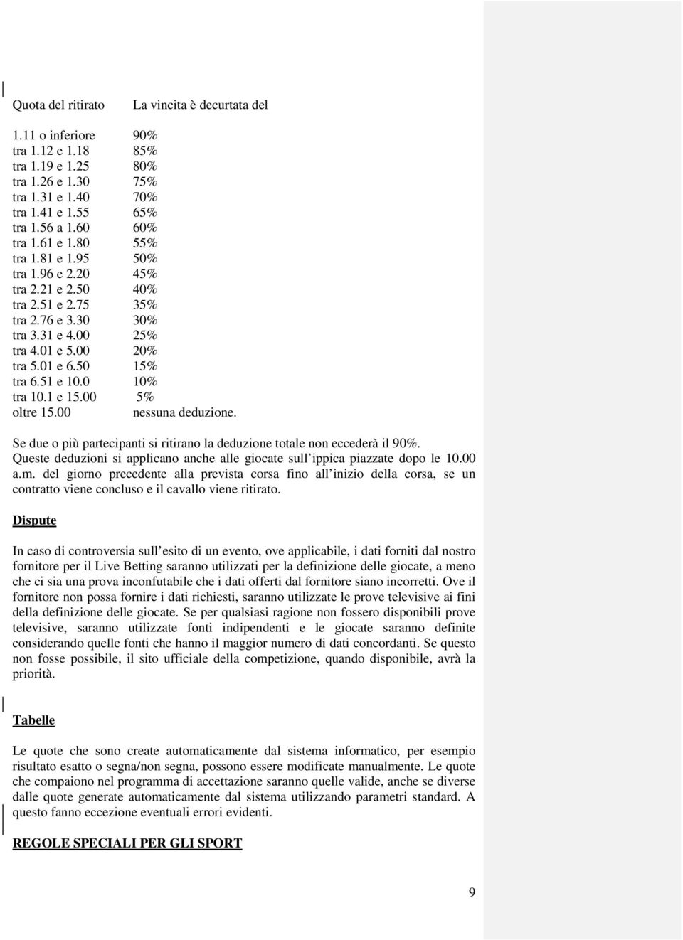 1 e 15.00 5% oltre 15.00 nessuna deduzione. Se due o più partecipanti si ritirano la deduzione totale non eccederà il 90%.