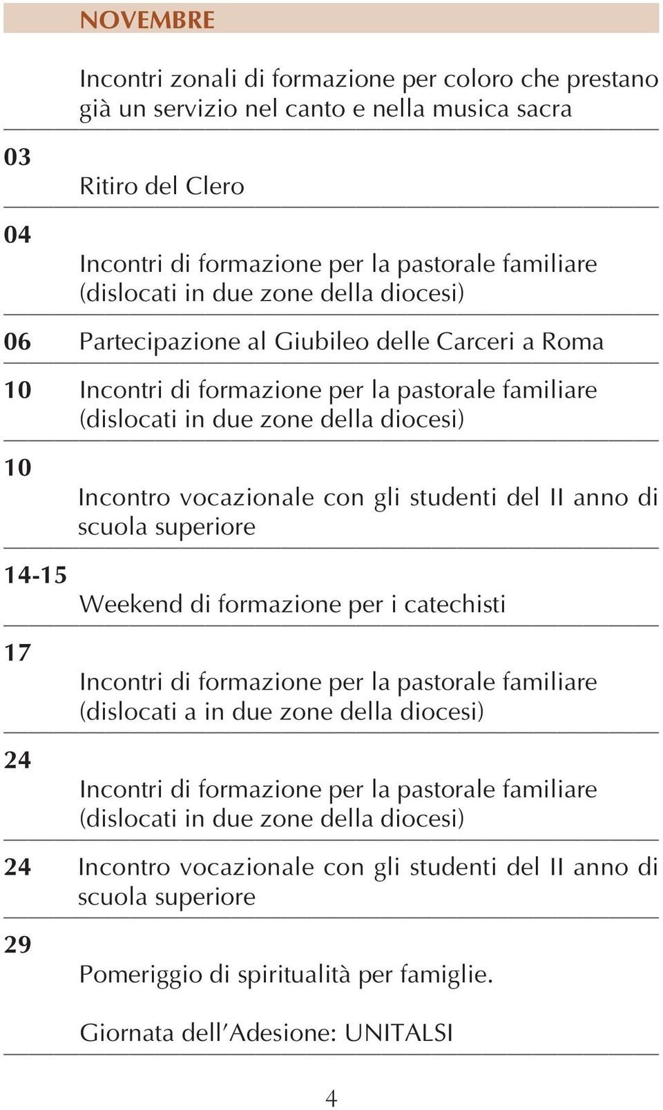 (dislocati in due zone della diocesi) 10 14-15 Weekend di formazione per i catechisti 17 Incontri di formazione per la pastorale familiare (dislocati a in due zone