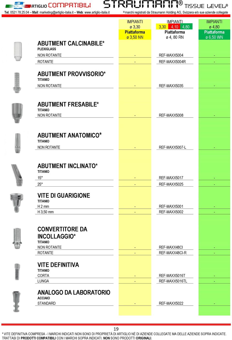 it marchi registrati da Straumann Holding AG, Svizzera e/o sue aziende collegate ABUTMENT CALCINABILE* ø 3,30 ø 3,50 NN 3,30 4,10 4,80 ø 4, 80 RN ø 4,80 ø 6,50 WN NON ROTANTE - REF-MAXX5004 - ROTANTE