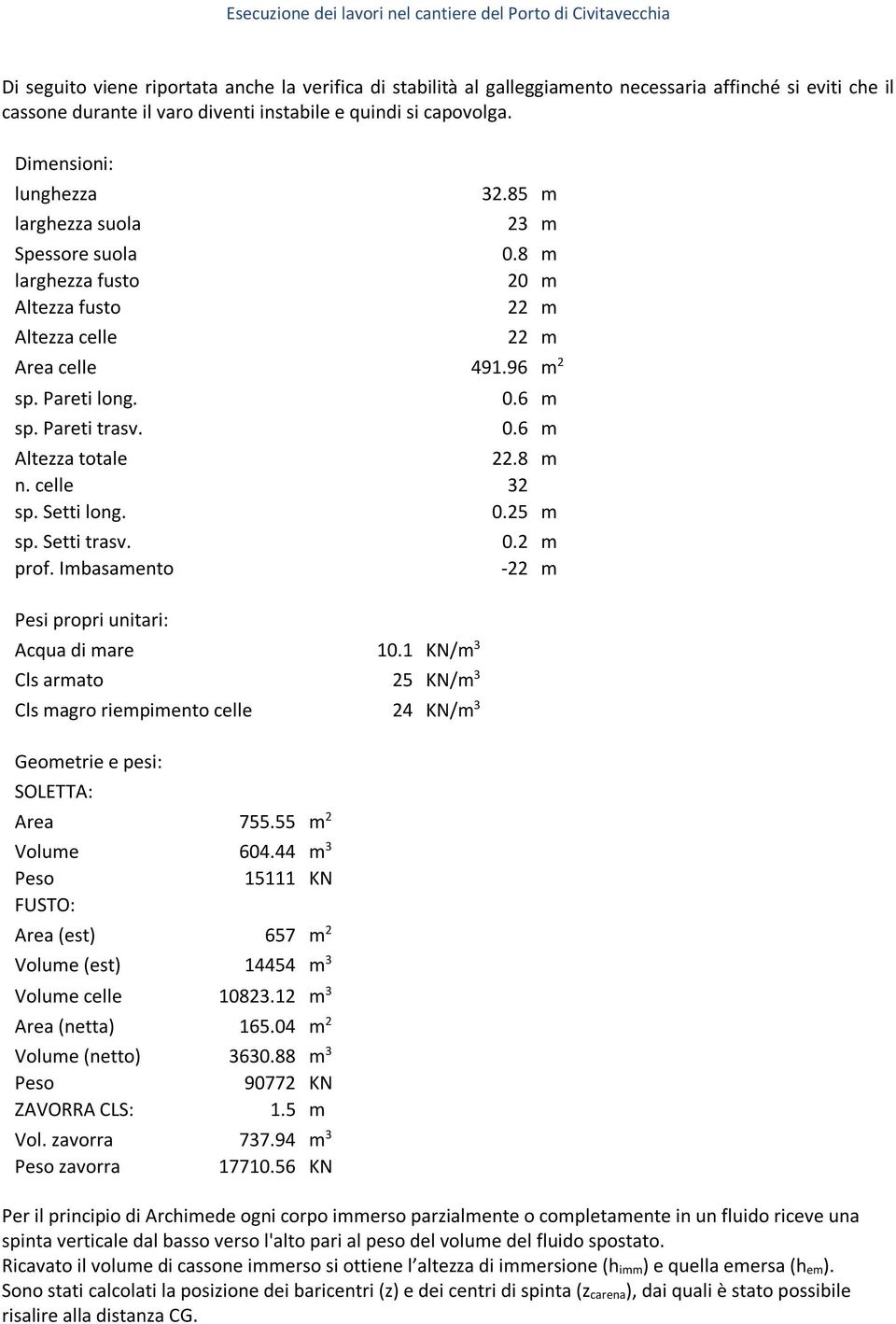 6 m Altezza totale 22.8 m n. celle 32 sp. Setti long. 0.25 m sp. Setti trasv. prof. Imbasamento Pesi propri unitari: Acqua di mare 10.