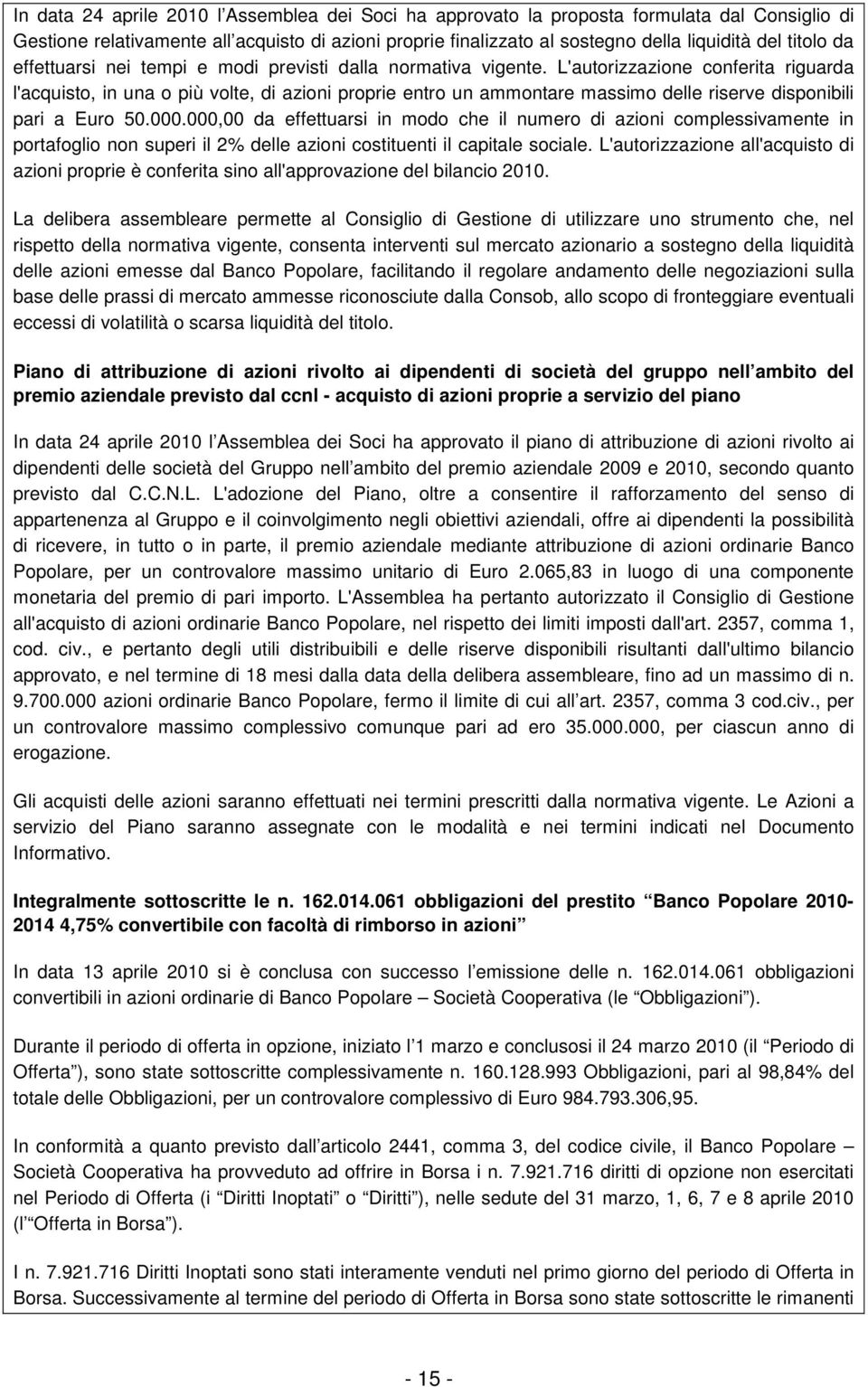 L'autorizzazione conferita riguarda l'acquisto, in una o più volte, di azioni proprie entro un ammontare massimo delle riserve disponibili pari a Euro 50.000.