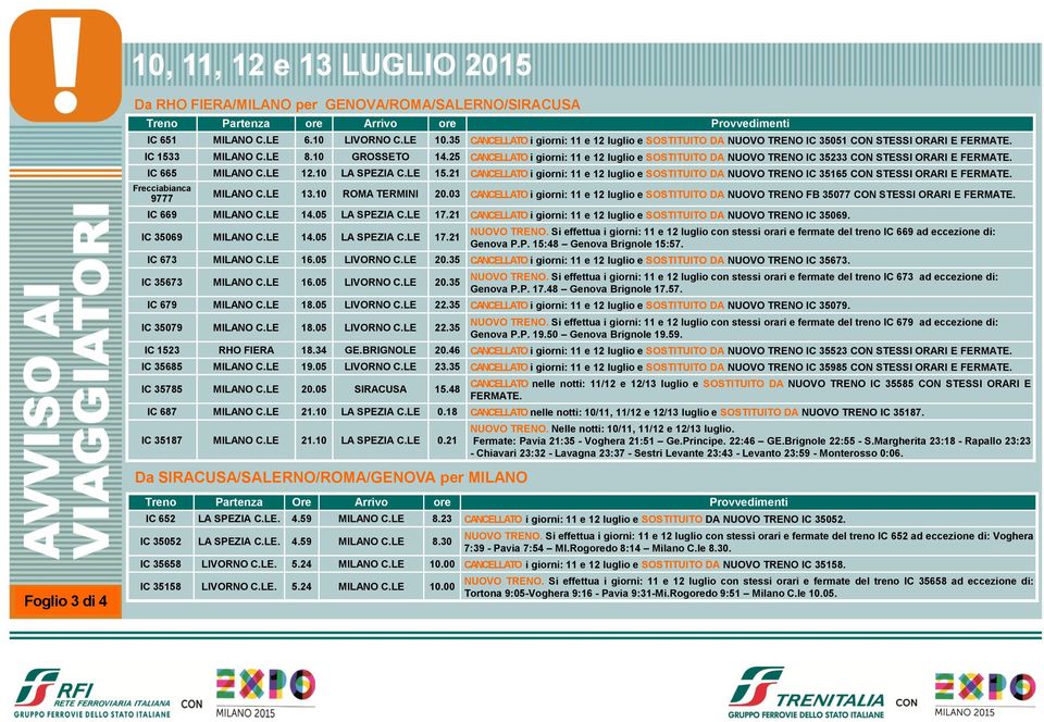 25 CANCELLATO i giorni: 11 e 12 luglio e SOSTITUITO DA NUOVO TENO IC 35233 CON STESSI OAI E FEMATE. IC 665 MILANO C.LE 12.10 LA SPEZIA C.LE 15.