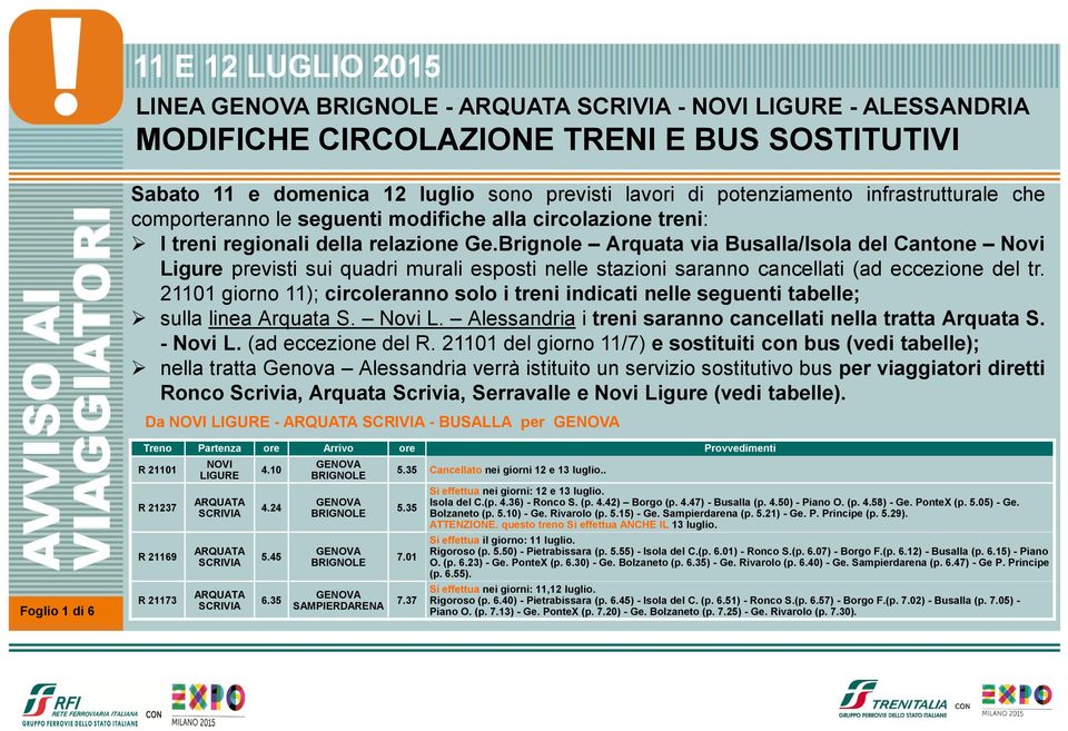 Brignole Arquata via Busalla/Isola del Cantone Novi Ligure previsti sui quadri murali esposti nelle stazioni saranno cancellati (ad eccezione del tr.