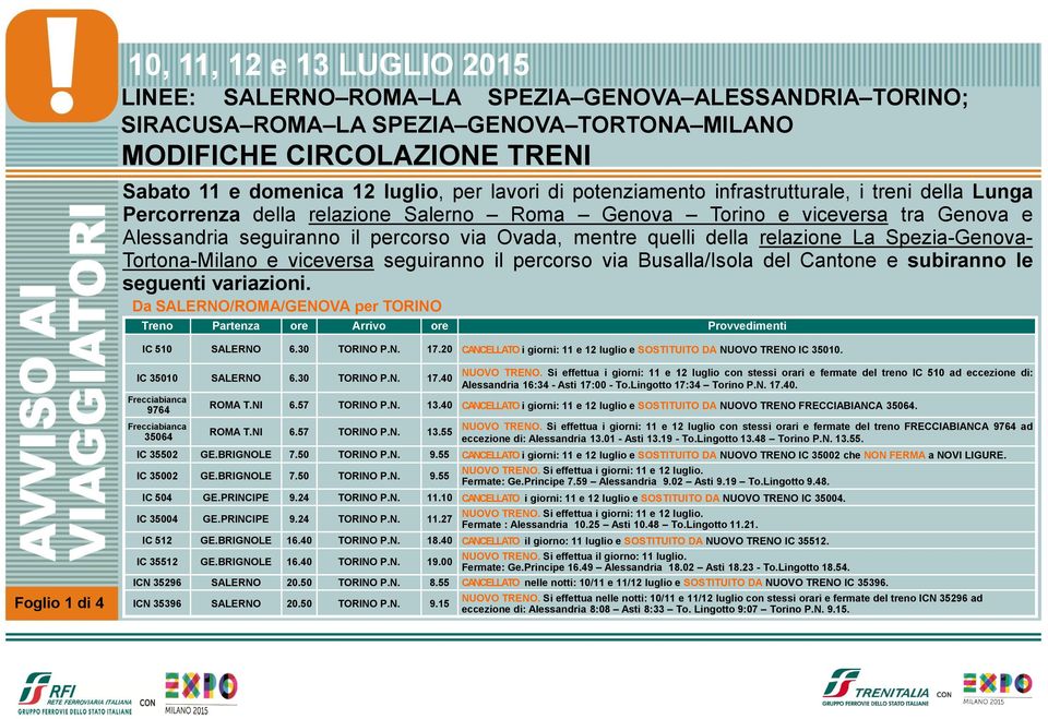Spezia-Genova- Tortona-Milano e viceversa seguiranno il percorso via Busalla/Isola del Cantone e subiranno le seguenti variazioni.