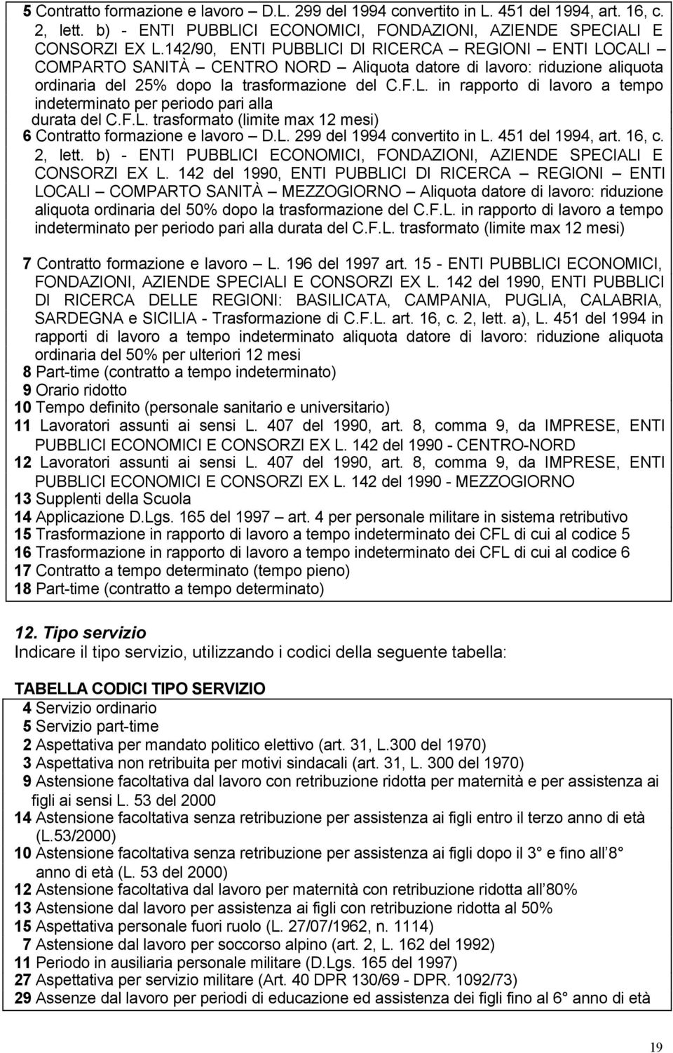 F.L. trasformato (limite max 12 mesi) 6 Contratto formazione e lavoro D.L. 299 del 1994 convertito in L. 451 del 1994, art. 16, c. 2, lett.