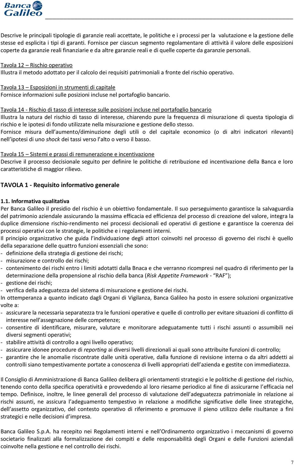 Tavola 12 Rischio operativo Illustra il metodo adottato per il calcolo dei requisiti patrimoniali a fronte del rischio operativo.