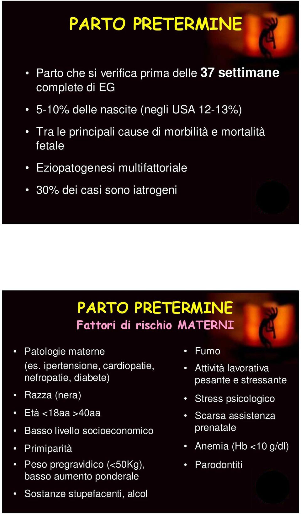 ipertensione, cardiopatie, nefropatie, diabete) Razza (nera) Età <18aa >40aa Basso livello socioeconomico Primiparità Peso pregravidico (<50Kg), basso