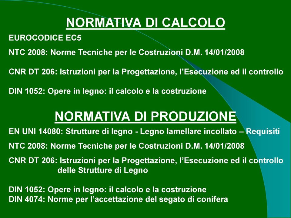 14/01/2008 CNR DT 206: Istruzioni per la Progettazione, l Esecuzione ed il controllo DIN 1052: Opere in legno: il calcolo e la costruzione
