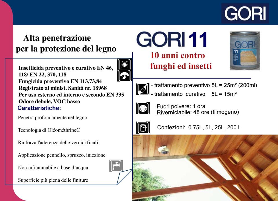 18968 Per uso esterno ed interno e secondo EN 335 Odore debole, VOC basso Caratteristiche: Penetra profondamente nel legno Tecnologia di