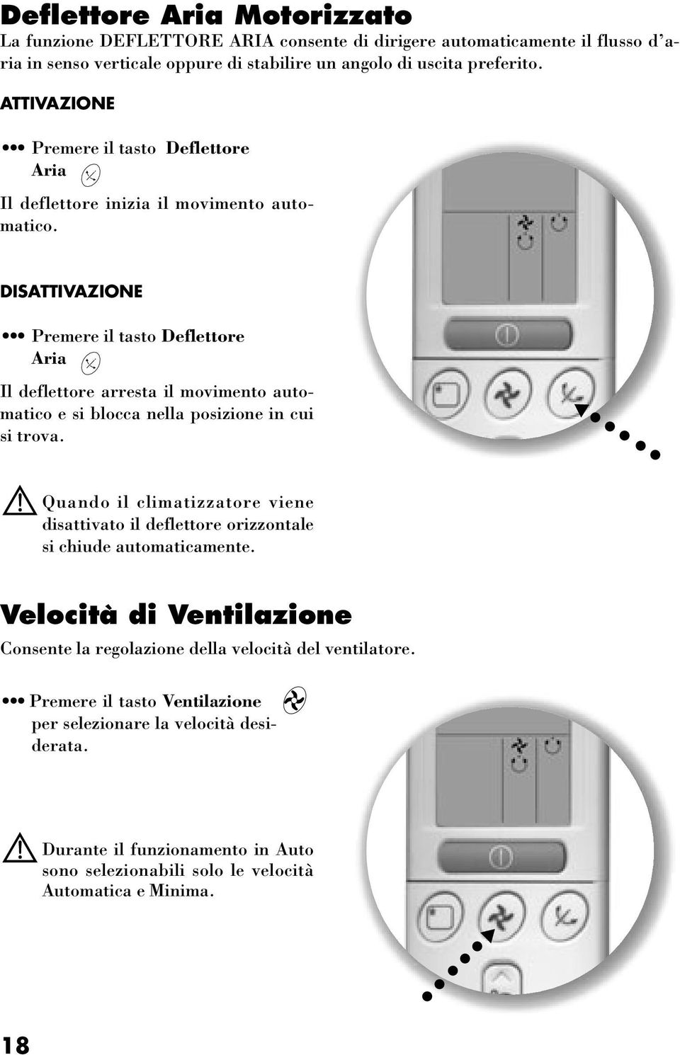 DISATTIVAZIONE Premere il tasto Deflettore Aria Il deflettore arresta il movimento automatico e si blocca nella posizione in cui si trova.