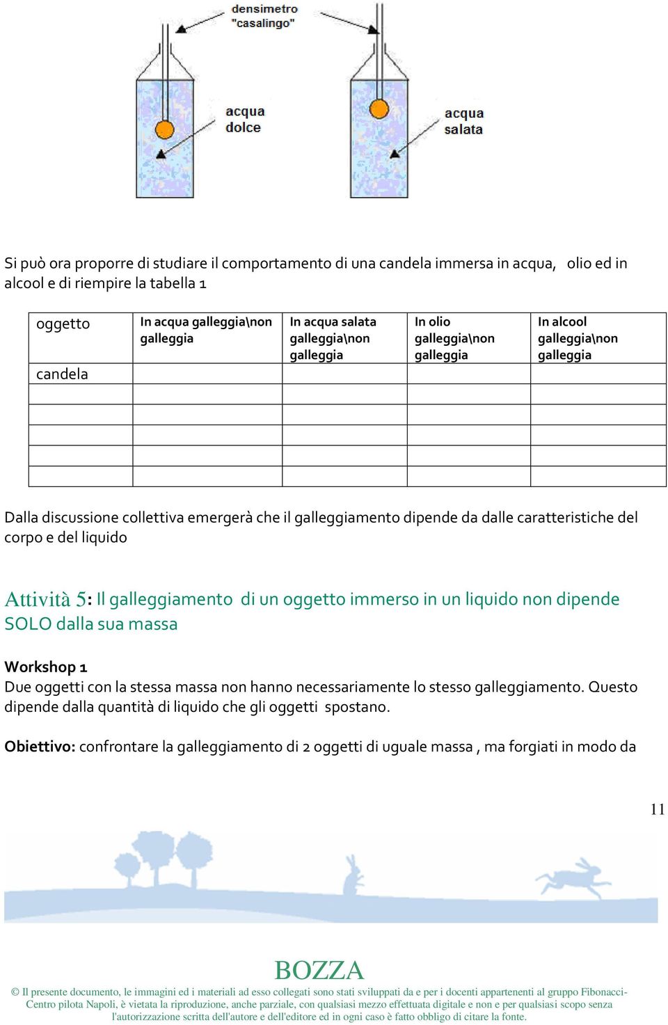 caratteristiche del corpo e del liquido Attività 5: Il galleggiamento di un oggetto immerso in un liquido non dipende SOLO dalla sua massa Workshop 1 Due oggetti con la stessa massa non