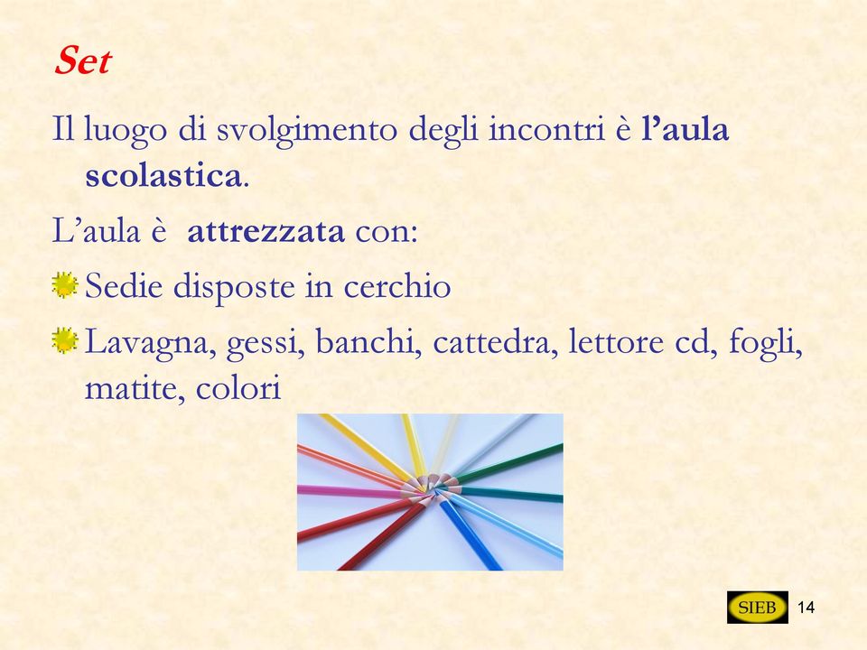 L aula è attrezzata con: Sedie disposte in