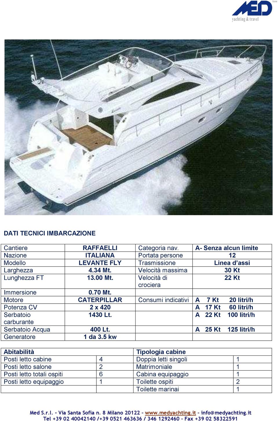 Motore CATERPILLAR Consumi indicativi A 7 Kt 20 litri/h Potenza CV 2 x 420 A 17 Kt 60 litri/h Serbatoio 1430 Lt. A 22 Kt 100 litri/h carburante Serbatoio Acqua 400 Lt.