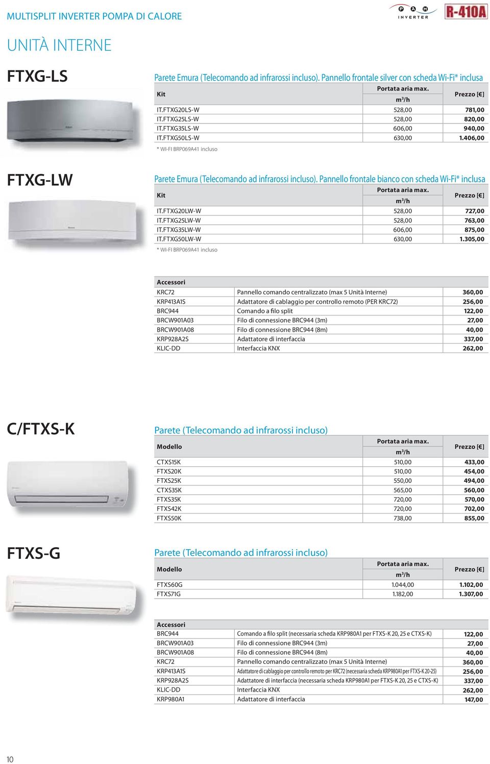 Pannello frontale bianco con scheda Wi-Fi* inclusa Portata aria max. m 3 /h IT.FTXG20LW-W 528,00 727,00 IT.FTXG25LW-W 528,00 763,00 IT.FTXG35LW-W 606,00 875,00 IT.FTXG50LW-W 630,00 1.