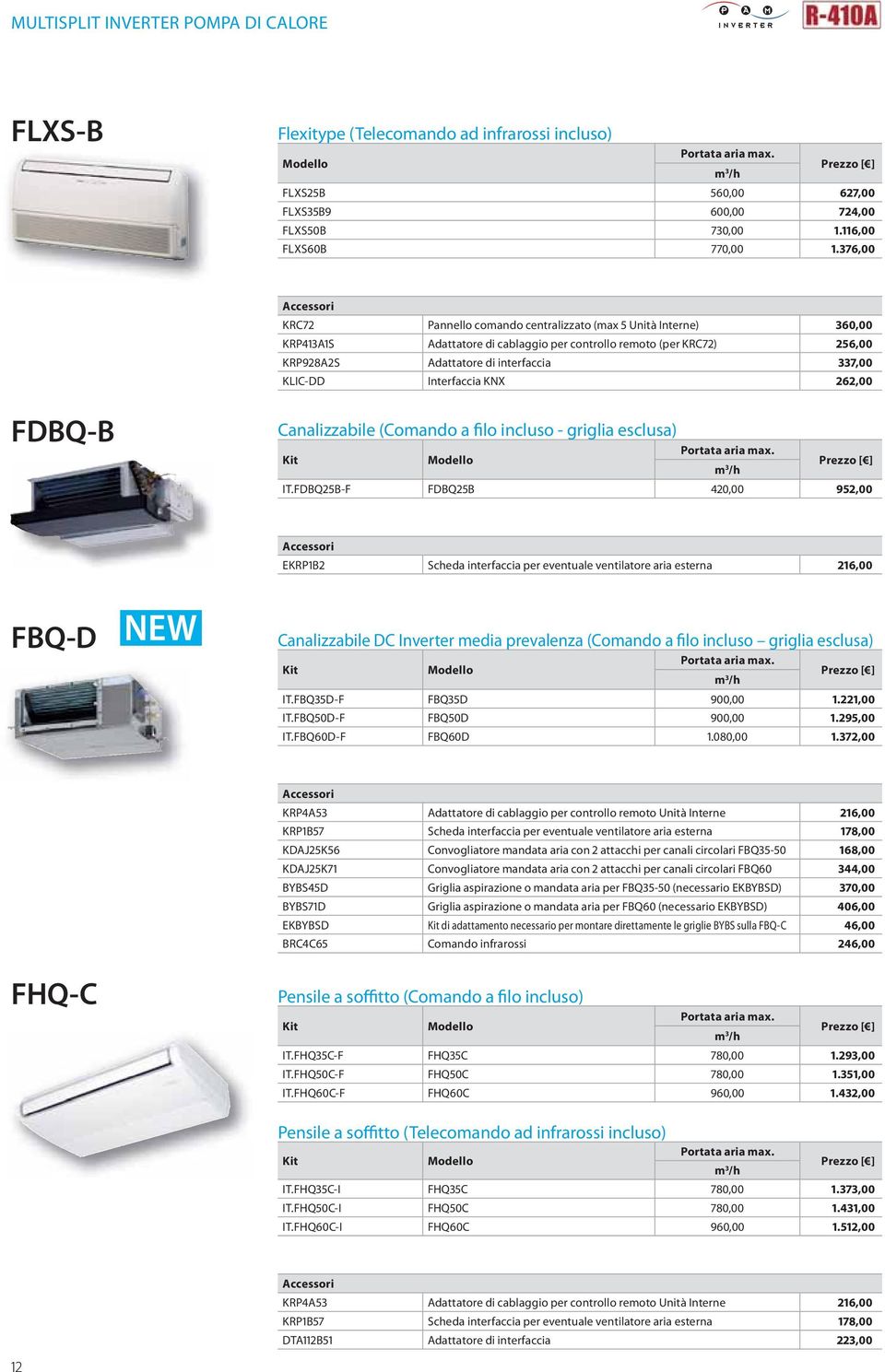 KLIC-DD Interfaccia KNX 262,00 FDBQ-B Canalizzabile (Comando a filo incluso - griglia esclusa) Portata aria max. m 3 /h I T.