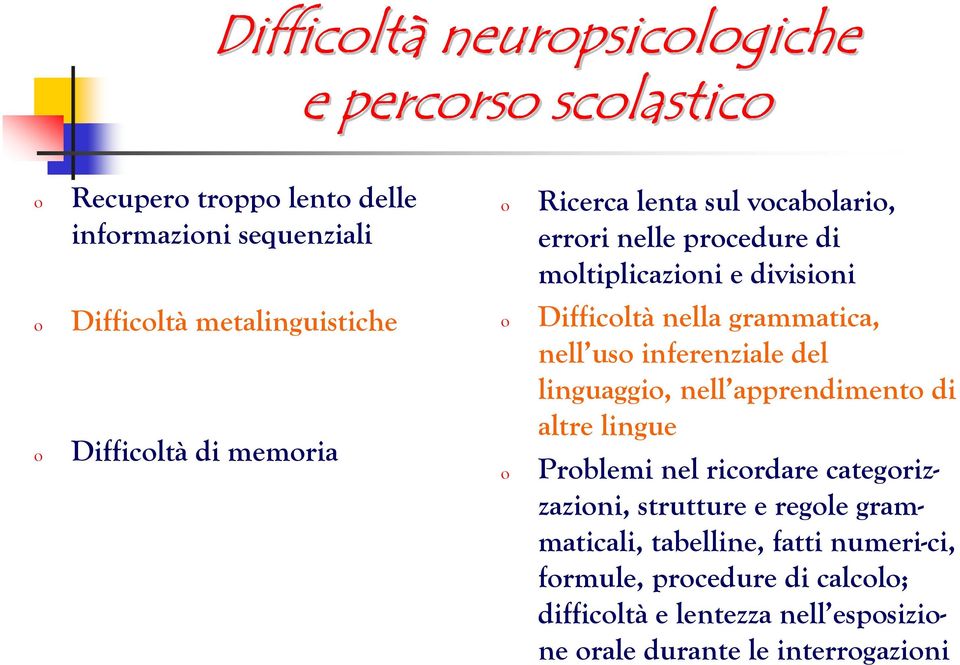 grammatica, nell uso inferenziale del linguaggio, nell apprendimento di altre lingue Problemi nel ricordare categorizzazioni, strutture e