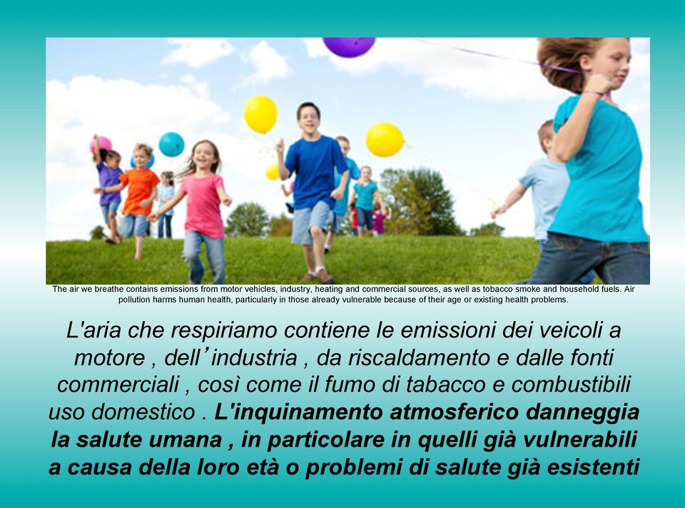 L'aria che respiriamo contiene le emissioni dei veicoli a motore, dell industria, da riscaldamento e dalle fonti commerciali, così come il fumo di tabacco e