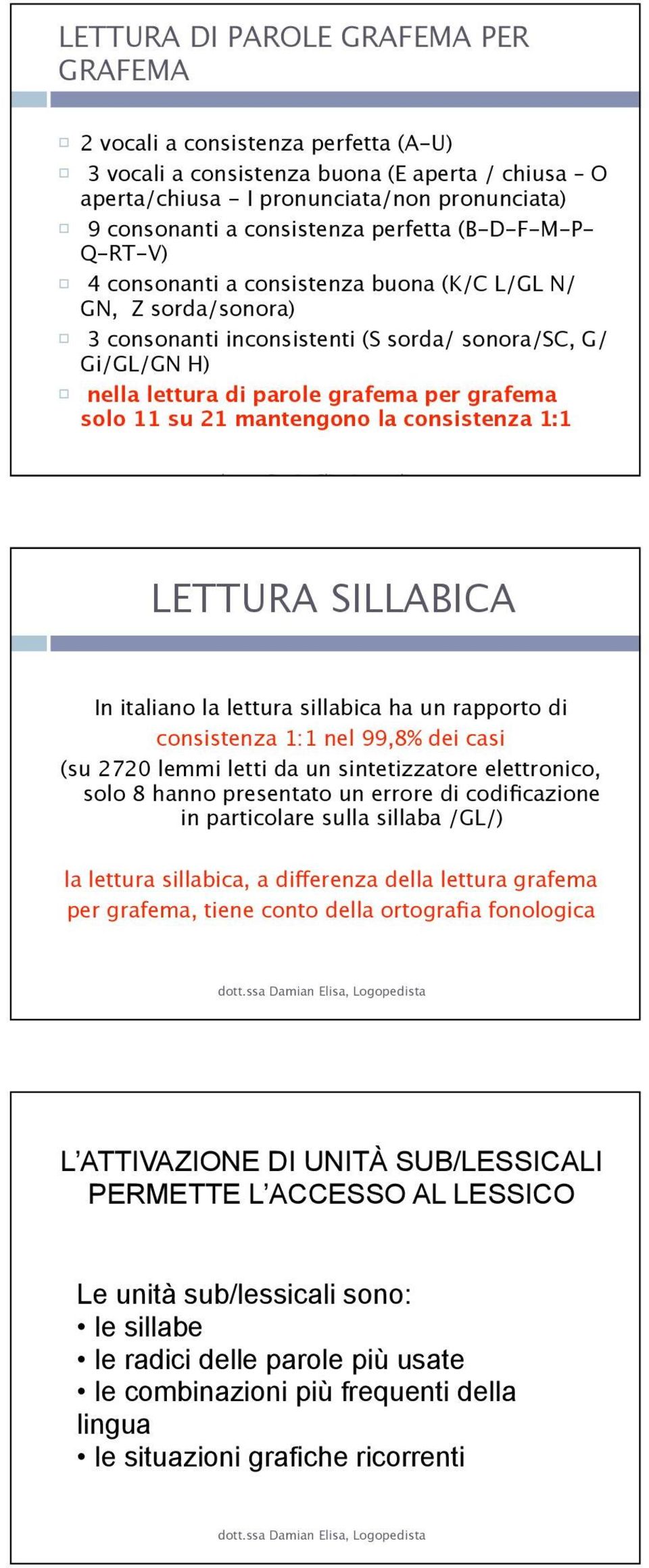 grafema solo 11 su 21 mantengono la consistenza 1:1 LETTURA SILLABICA In italiano la lettura sillabica ha un rapporto di consistenza 1:1 nel 99,8% dei casi (su 2720 lemmi letti da un sintetizzatore