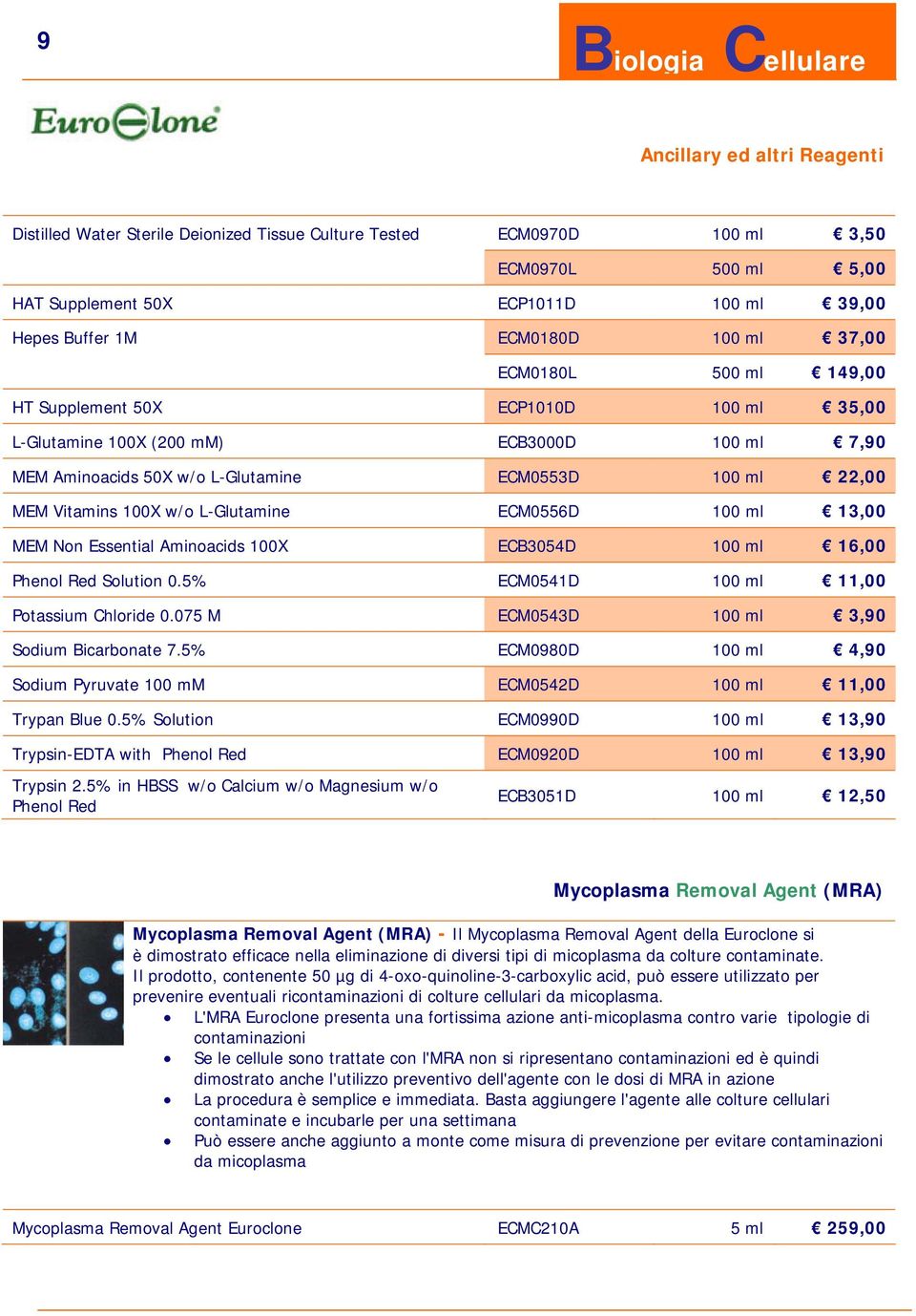L-Glutamine ECM0556D 100 ml 13,00 MEM Non Essential Aminoacids 100X ECB3054D 100 ml 16,00 Phenol Red Solution 0.5% ECM0541D 100 ml 11,00 Potassium Chloride 0.