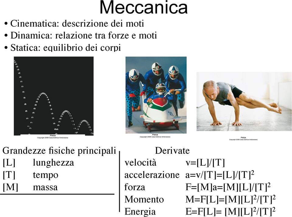 lunghezza velocità v=[l]/[t] [T] tempo accelerazione a=v/[t]=[l]/[t] 2 [M] massa