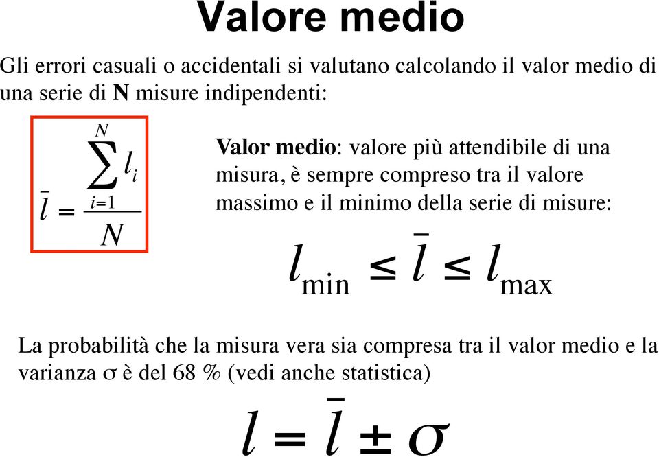 compreso tra il valore massimo e il minimo della serie di misure: l min " l " l max La probabilità che