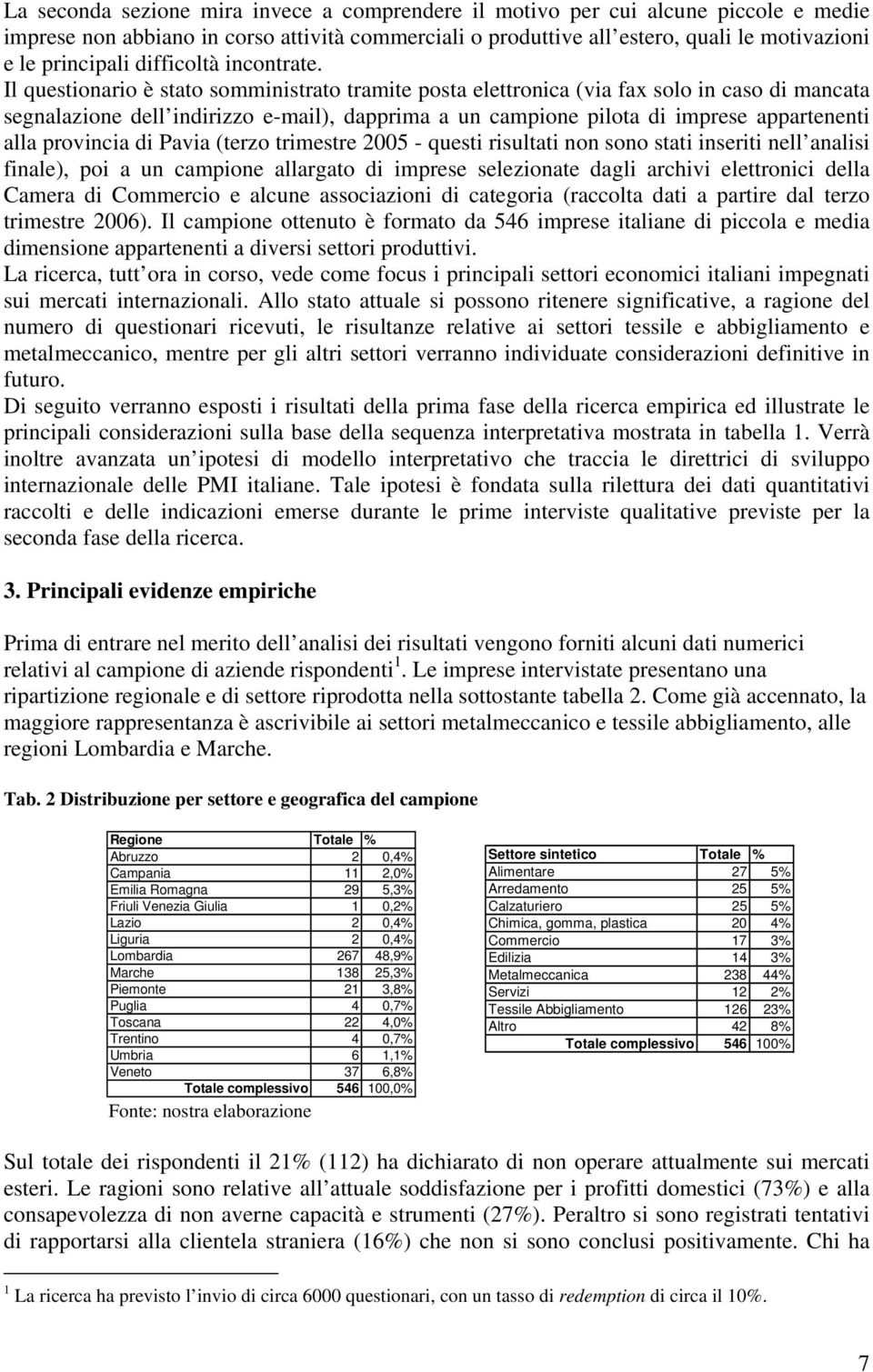 Il questionario è stato somministrato tramite posta elettronica (via fax solo in caso di mancata segnalazione dell indirizzo e-mail), dapprima a un campione pilota di imprese appartenenti alla