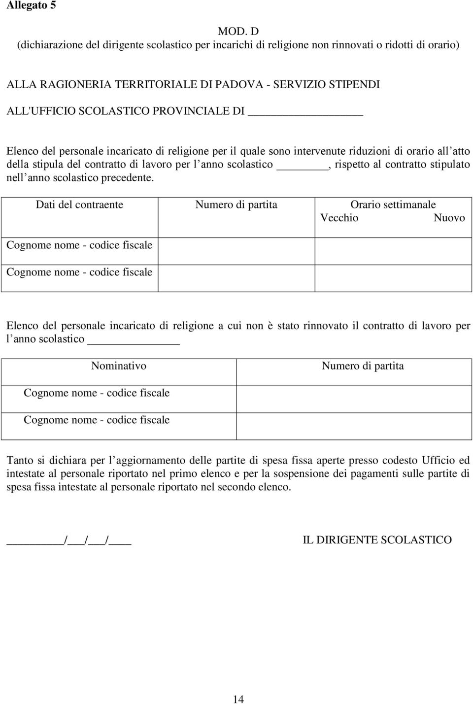 DI Elenco del personale incaricato di religione per il quale sono intervenute riduzioni di orario all atto della stipula del contratto di lavoro per l anno scolastico, rispetto al contratto stipulato