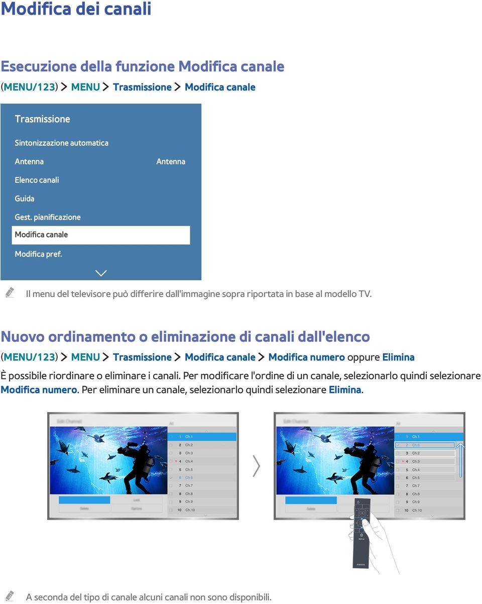 Nuovo ordinamento o eliminazione di canali dall'elenco (MENU/123) MENU Trasmissione Modifica canale Modifica numero oppure Elimina È possibile riordinare o eliminare i canali.