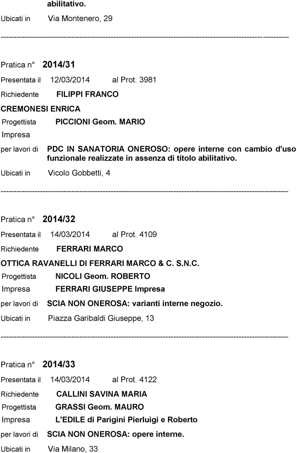 Ubicati in Vicolo Gobbetti, 4 Pratica n 2014/32 Presentata il 14/03/2014 al Prot. 4109 FERRARI MARCO OTTICA RAVANELLI DI FERRARI MARCO & C. S.N.C. NICOLI Geom.