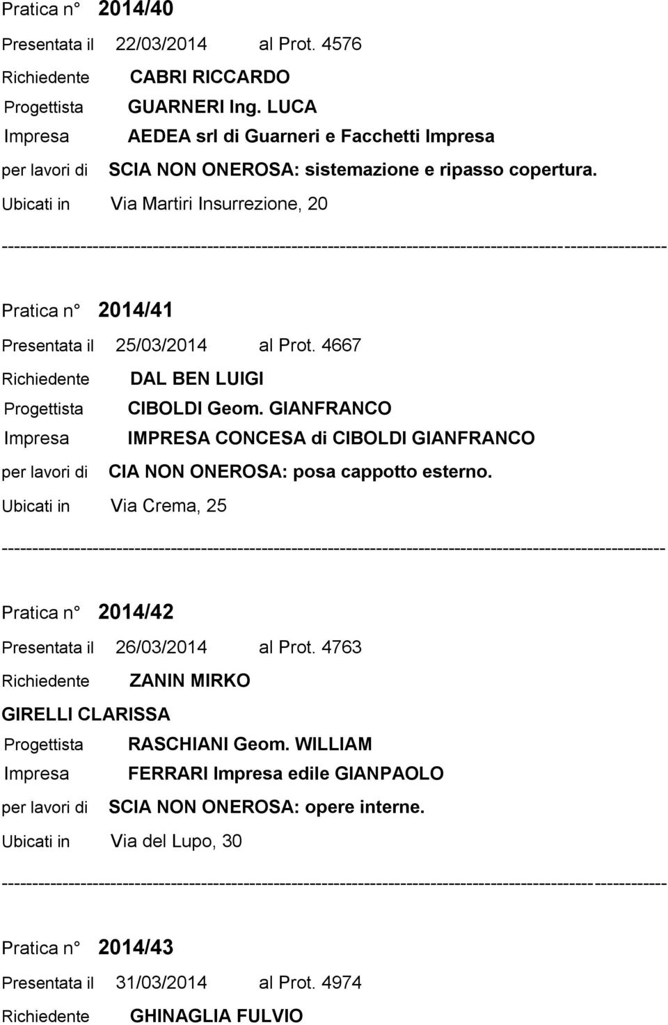 Ubicati in Via Martiri Insurrezione, 20 Pratica n 2014/41 Presentata il 25/03/2014 al Prot. 4667 DAL BEN LUIGI CIBOLDI Geom.