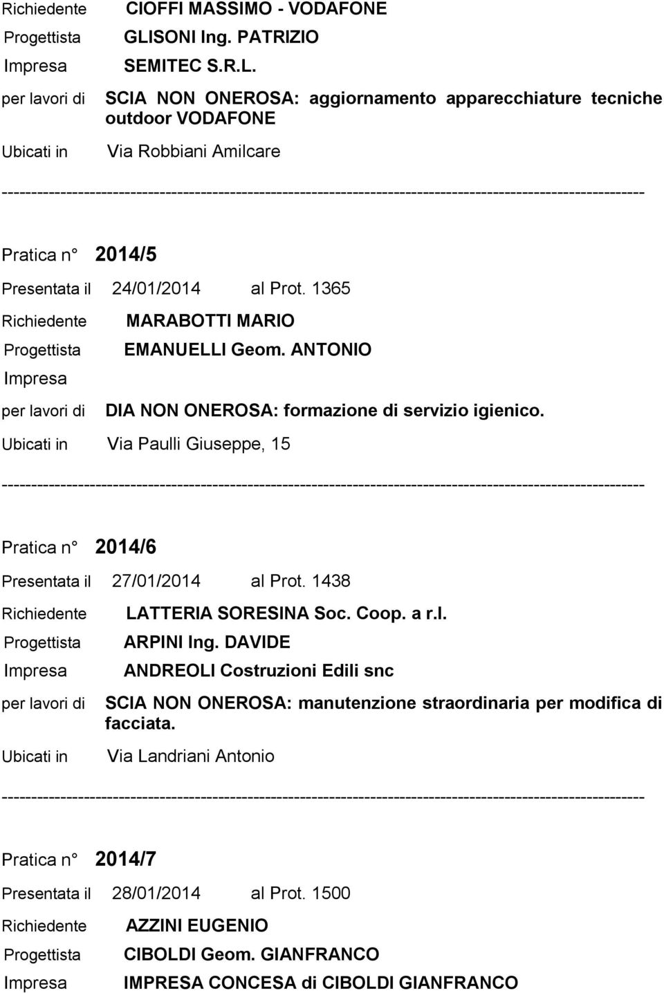 1365 MARABOTTI MARIO EMANUELLI Geom. ANTONIO DIA NON ONEROSA: formazione di servizio igienico. Ubicati in Via Paulli Giuseppe, 15 Pratica n 2014/6 Presentata il 27/01/2014 al Prot.