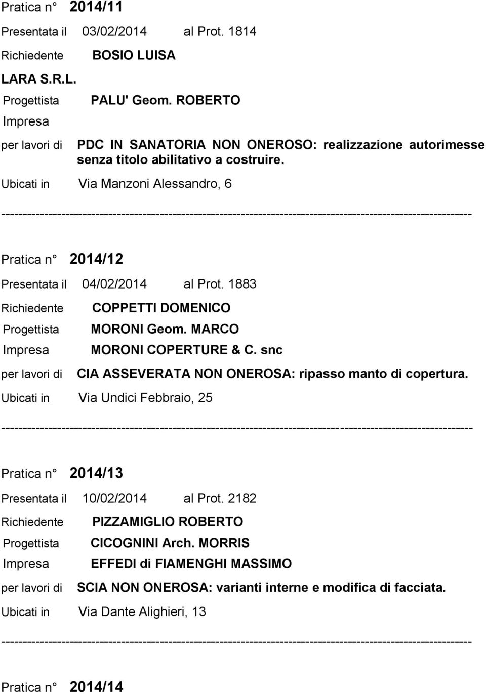 Ubicati in Via Manzoni Alessandro, 6 Pratica n 2014/12 Presentata il 04/02/2014 al Prot. 1883 COPPETTI DOMENICO MORONI Geom. MARCO MORONI COPERTURE & C.
