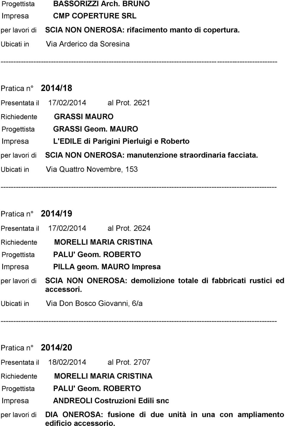 Ubicati in Via Quattro Novembre, 153 Pratica n 2014/19 Presentata il 17/02/2014 al Prot. 2624 MORELLI MARIA CRISTINA PALU' Geom. ROBERTO PILLA geom.