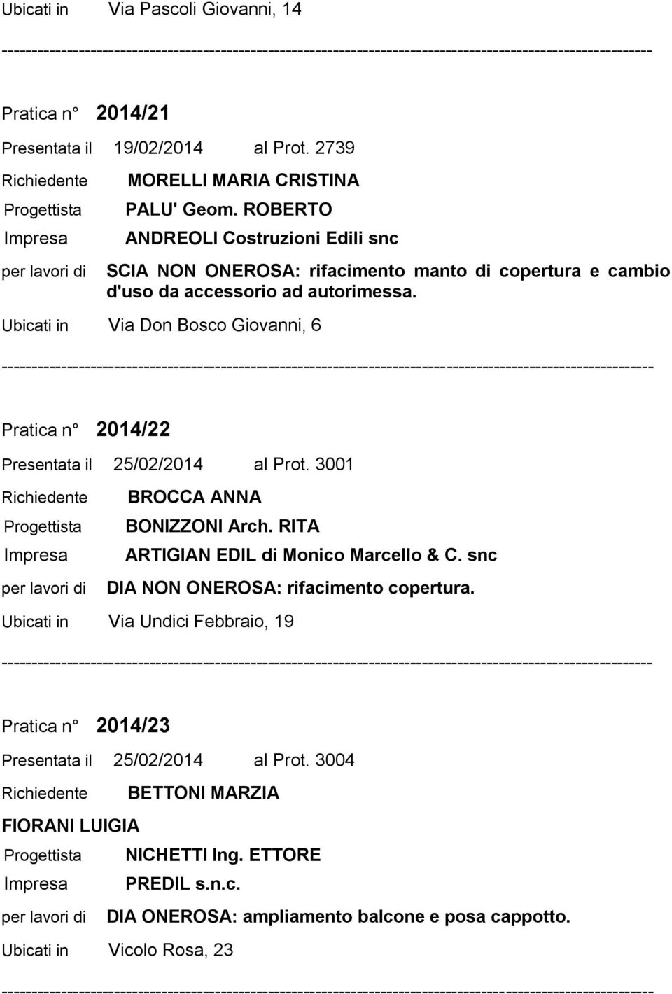 Ubicati in Via Don Bosco Giovanni, 6 Pratica n 2014/22 Presentata il 25/02/2014 al Prot. 3001 BROCCA ANNA BONIZZONI Arch. RITA ARTIGIAN EDIL di Monico Marcello & C.
