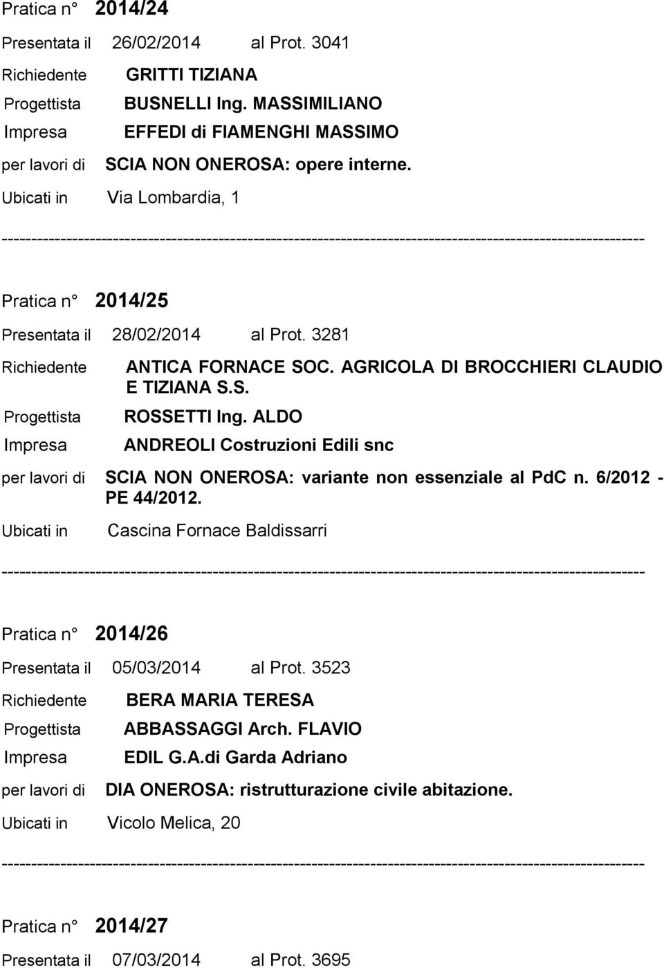 ALDO ANDREOLI Costruzioni Edili snc SCIA NON ONEROSA: variante non essenziale al PdC n. 6/2012 - PE 44/2012.