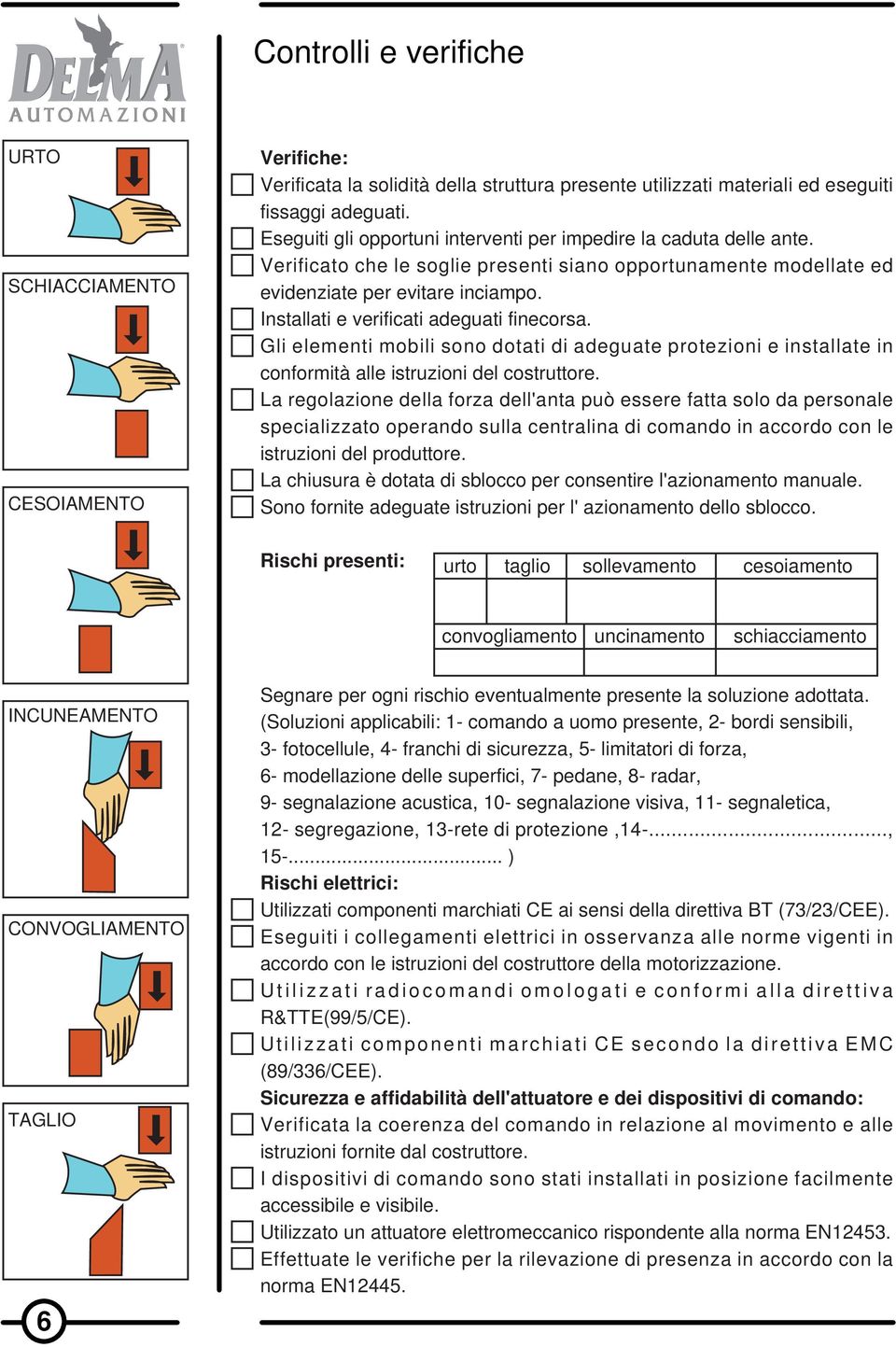 Installati e verificati adeguati finecorsa. Gli elementi mobili sono dotati di adeguate protezioni e installate in conformità alle istruzioni del costruttore.